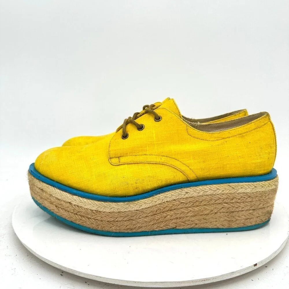 John Fluevog Martin Women Size 7 Yellow Waxed Cotton Platform Espadrilles Shoes